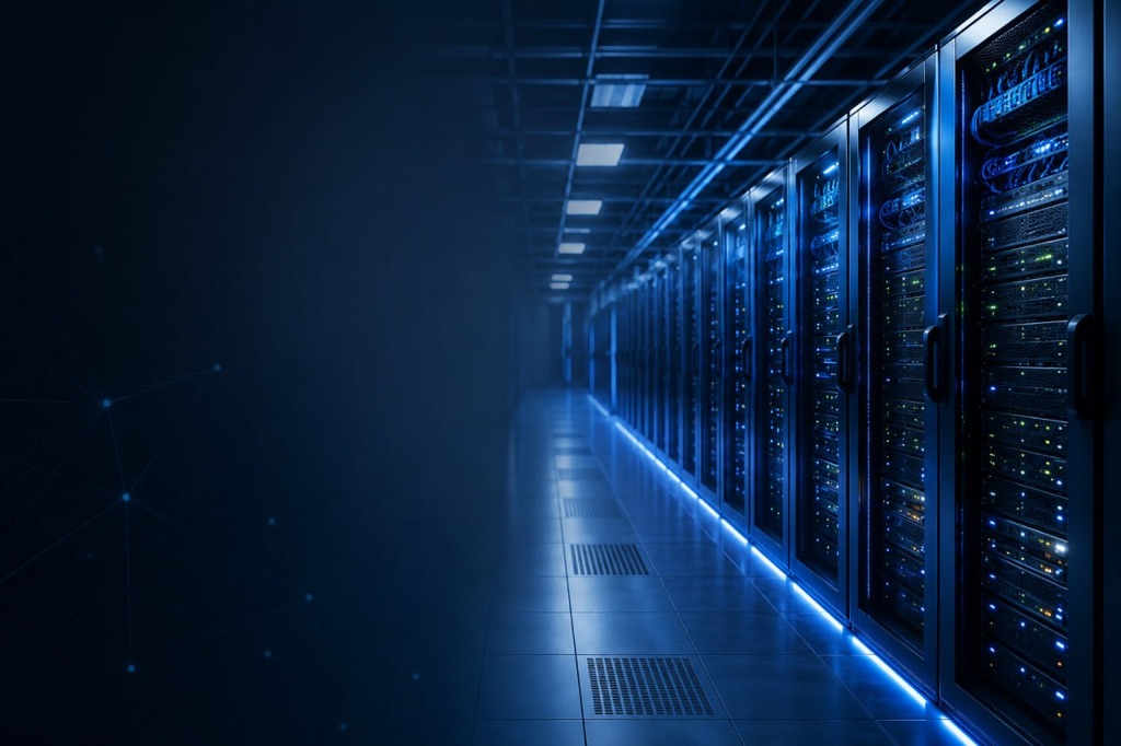 Data center server aisle illuminated by blue rack lighting